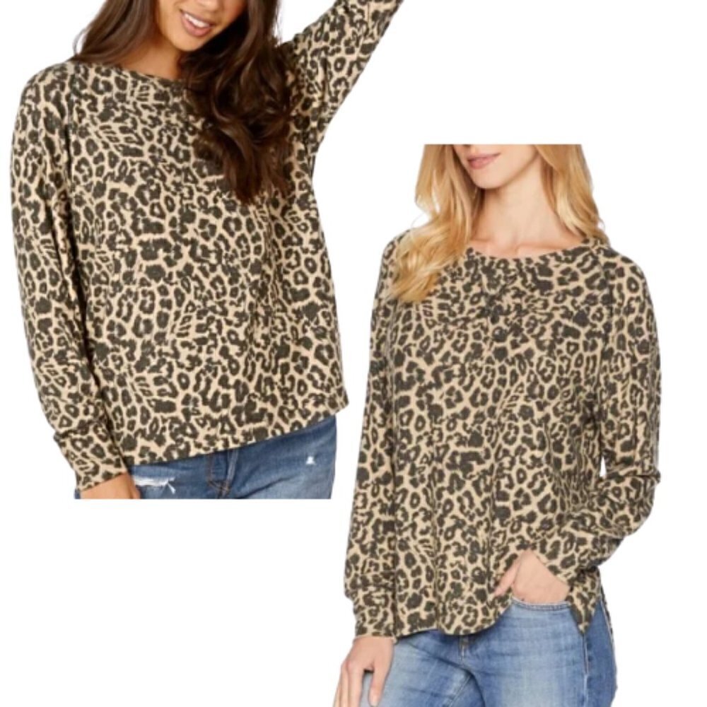 LNA Leopard Animal Print Raglan Brushed Knit Long Sleeve Top Size S